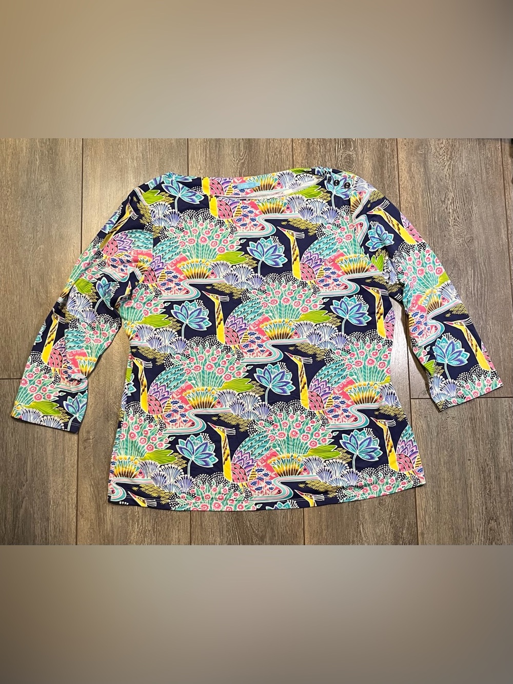 J. McLaughlin Navy Multicolor Peacock-Print Long Sleeve Top XL